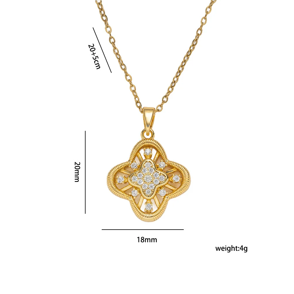 Wholesale Women's Necklace Geometric Cut Out Fourleaf Flower Design Inlaid Zircon Copper Stainless Steel 18K Gold Plated O Word Chain - Image 4