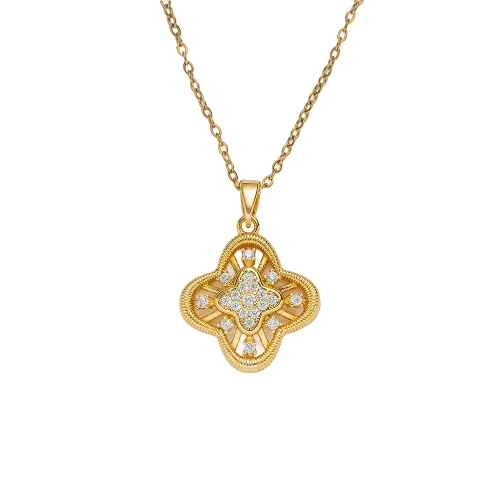 Wholesale Women's Necklace Geometric Cut Out Fourleaf Flower Design Inlaid Zircon Copper Stainless Steel 18K Gold Plated O Word Chain - Image 5