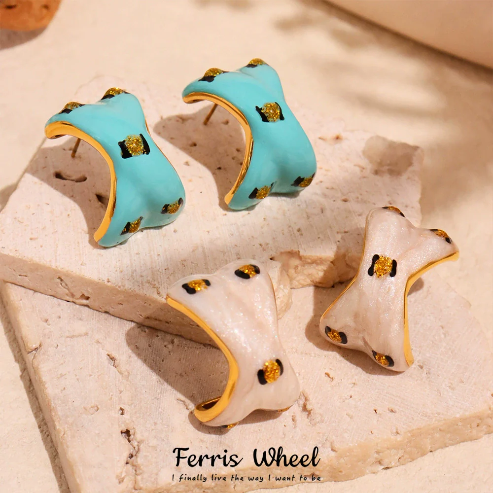 Wholesale Women's Niche Design Geometric Ferris Wheel Oil Dripping Cshaped Electroplated Stainless Steel And Enamel Glaze Earrings