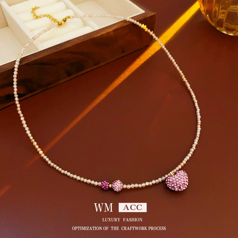 Wholesale Women's Niche Fashion Crystal Love Heart Shaped Clavicle Chain With Pink Diamond Embedded And Electroplated Design - Image 4