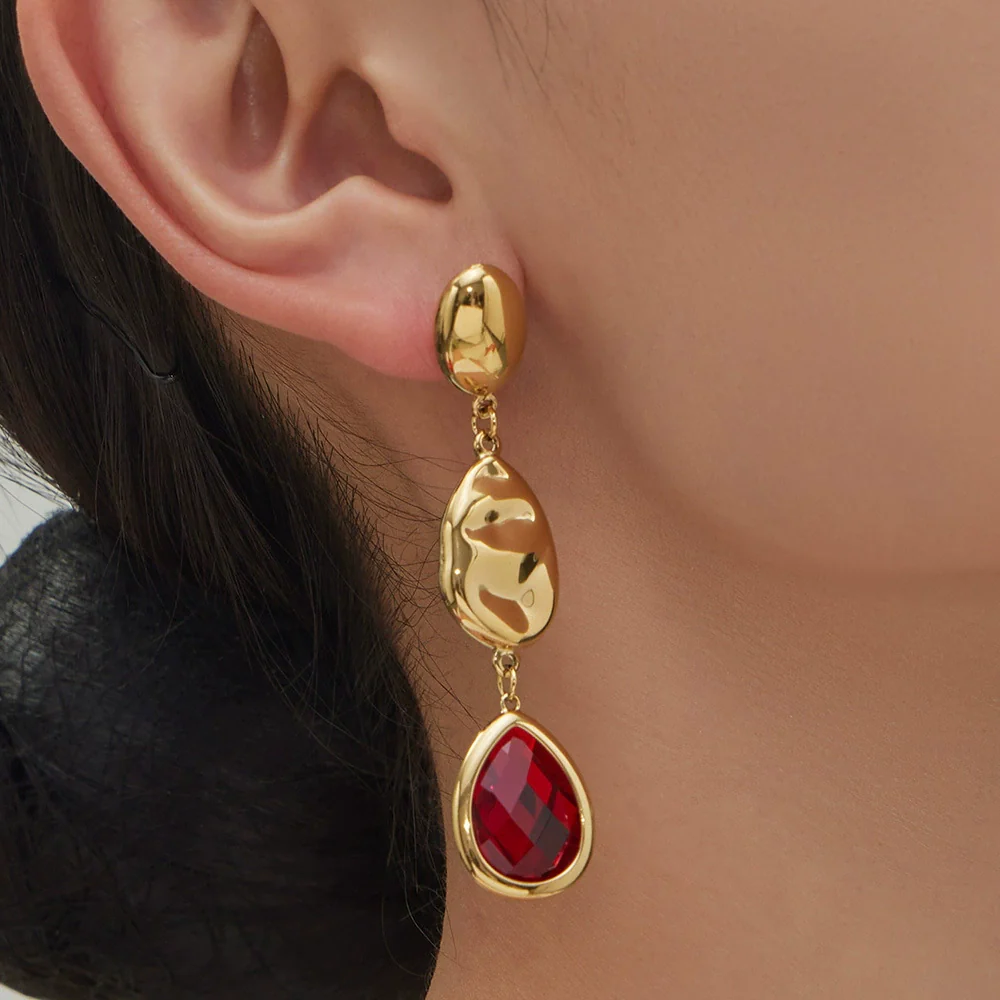 Wholesale Women's Niche Geometric Stainless Steel Faceted Glass Stone Earrings 18K Real Gold Plated - Image 2
