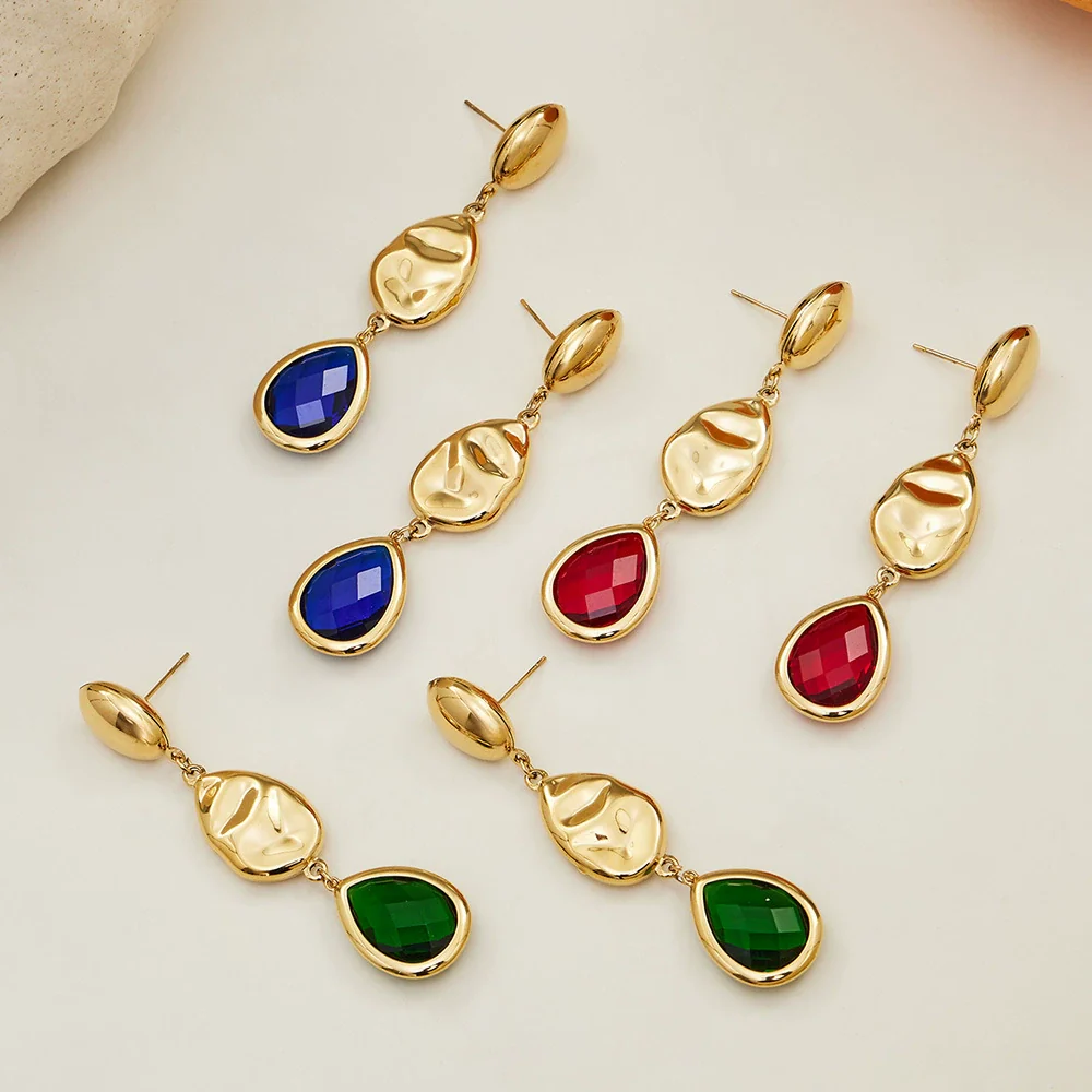 Wholesale Women's Niche Geometric Stainless Steel Faceted Glass Stone Earrings 18K Real Gold Plated - Image 3