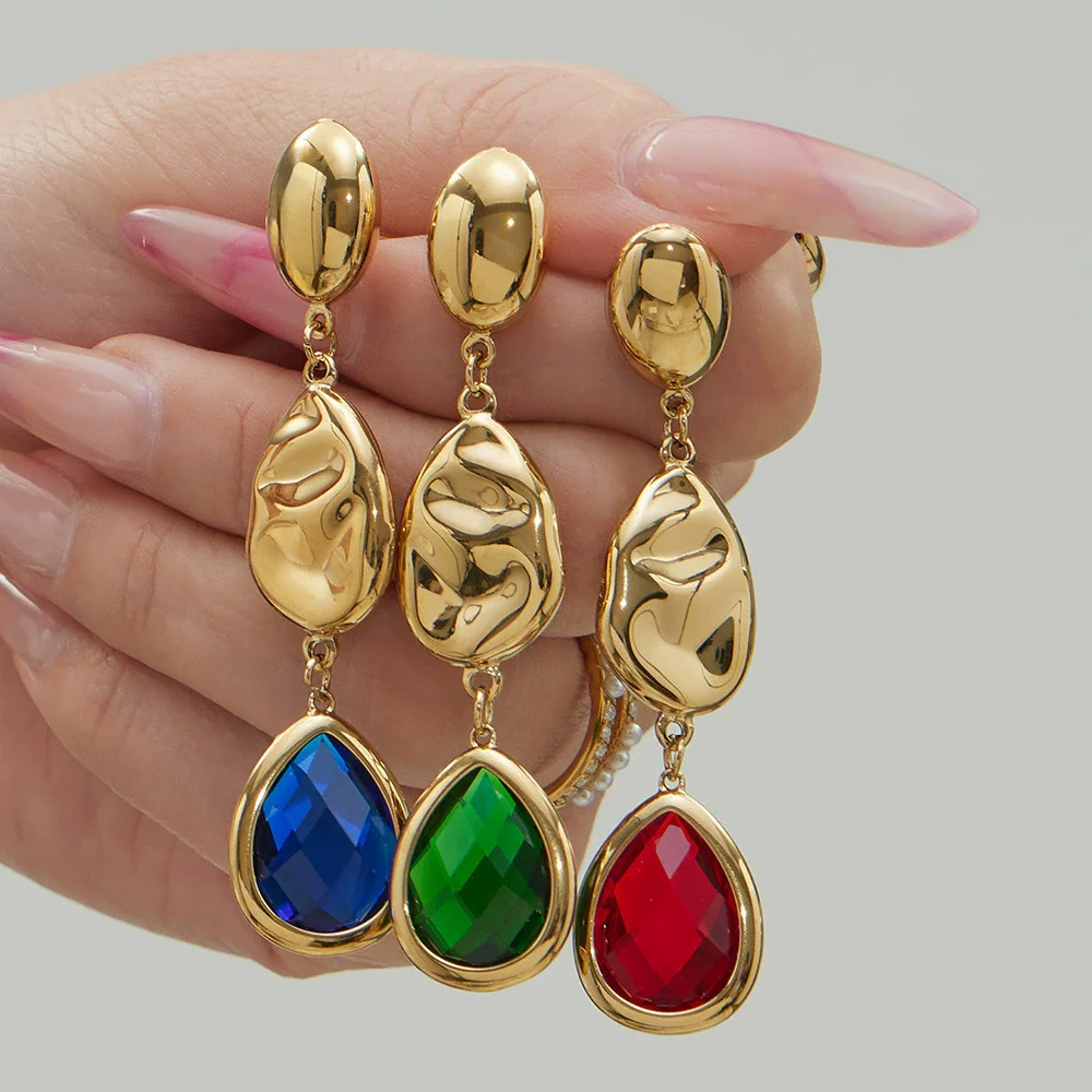 Wholesale Women's Niche Geometric Stainless Steel Faceted Glass Stone Earrings 18K Real Gold Plated - Image 4