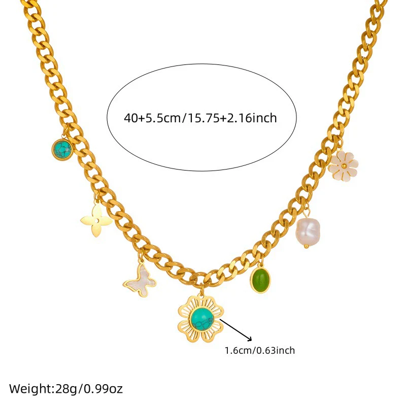 Wholesale Women's Old Money Style Stainless Steel Electroplated Necklace With Butterfly Daisy Turquoise Flower Pendant - Image 4