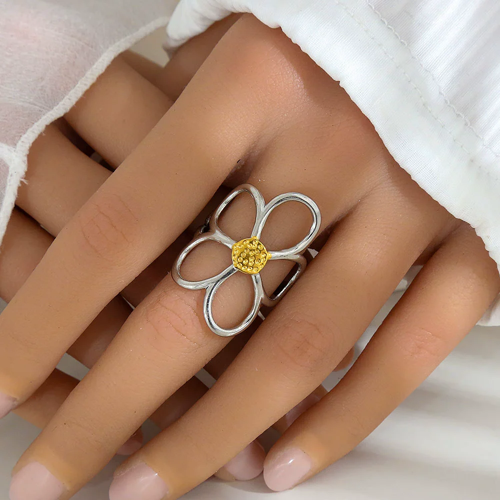 Wholesale Women's Open Rings Stainless Steel Gold And Silver Color Matching Cut Out Flower Electroplated Design - Image 7