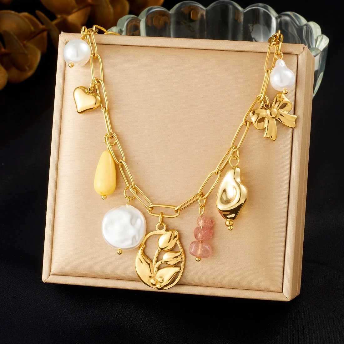 Wholesale Women's Pastoral Style Goldplated Stainless Steel Hollow Tulip Flower Bow Tie Multipendant Flat Cross Chain Necklace