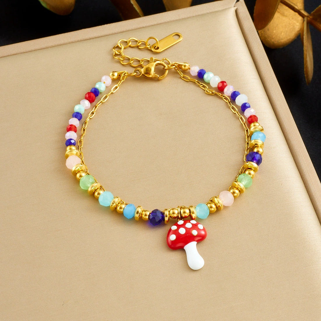 Wholesale Women's Pastoral Style Strawberry Mushroom Insect Fruit Pattern Stainless Steel Electroplated Beaded Bracelet