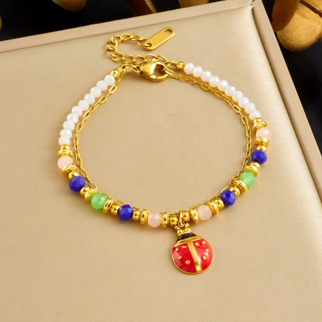 Wholesale Women's Pastoral Style Strawberry Mushroom Insect Fruit Pattern Stainless Steel Electroplated Beaded Bracelet - Image 3