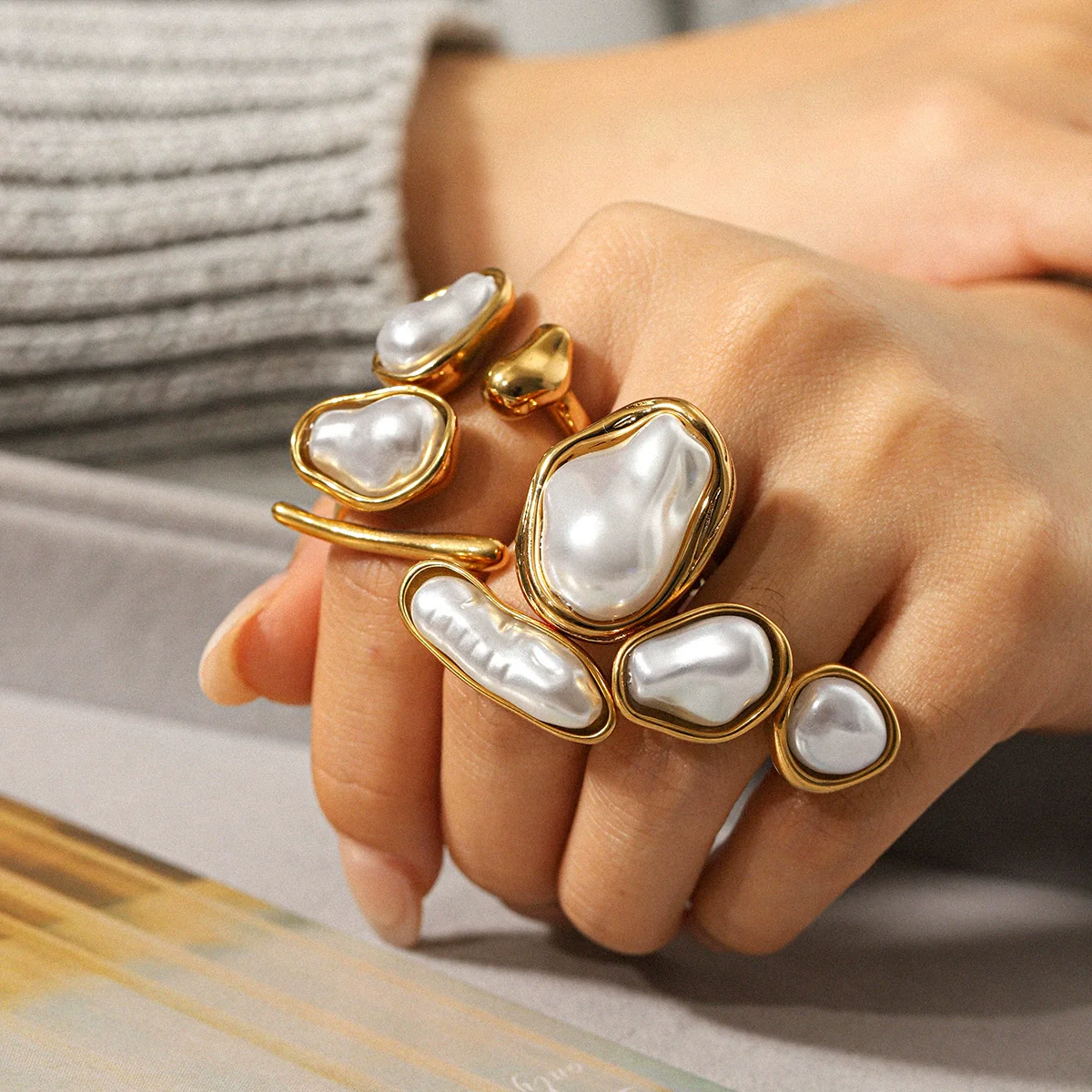 Wholesale Women's Pearl Inlaid Geometric Drop Shape Stainless Steel Open Ring Light Luxury Minimalist Ins Style Jewelry
