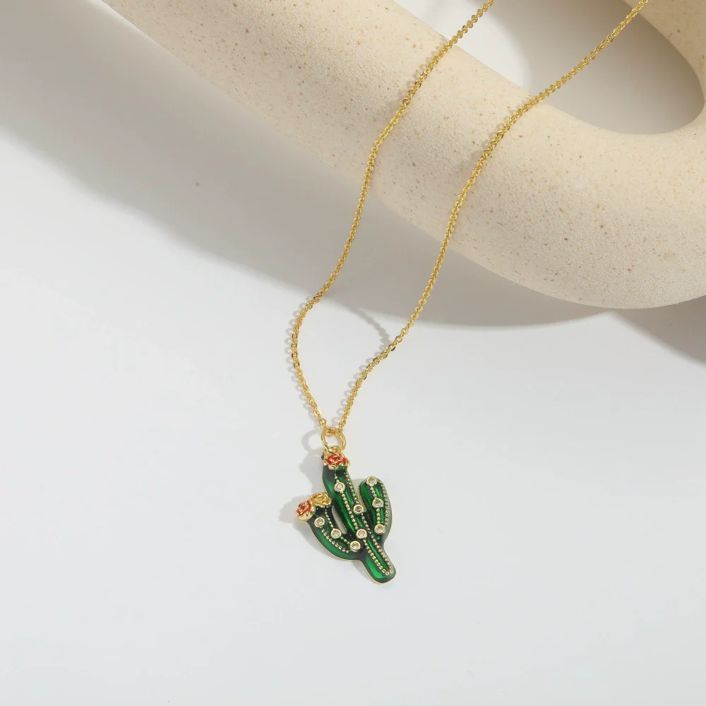 Wholesale Women's Pendant Necklace Copper Mixed Gemstone Setting Geometric Plants Flowers Style Electroplating Cactus Shape - Image 4