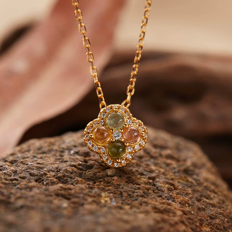 Wholesale Women's Pendant Necklace With S925 Sterling Silver 18K Gold Natural Tourmaline Four Leaf Clover Geometric Shape Set With Gemstones Retro Elegant Style