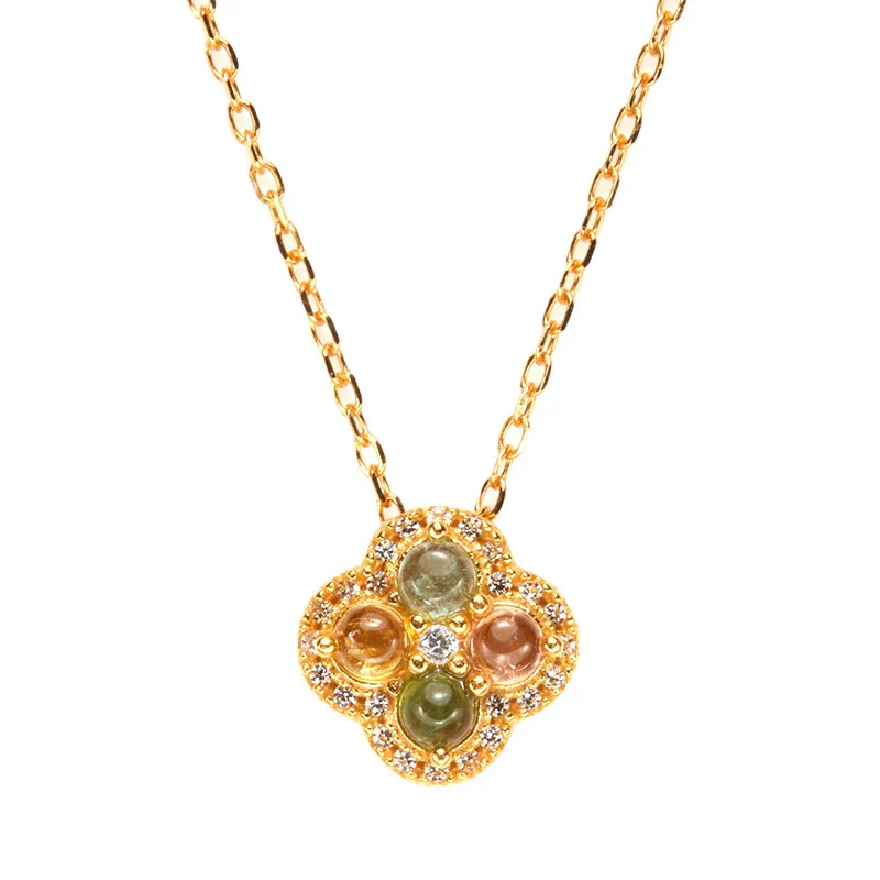 Wholesale Women's Pendant Necklace With S925 Sterling Silver 18K Gold Natural Tourmaline Four Leaf Clover Geometric Shape Set With Gemstones Retro Elegant Style - Image 5
