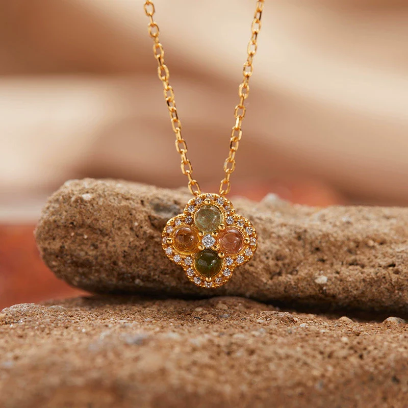 Wholesale Women's Pendant Necklace With S925 Sterling Silver 18K Gold Natural Tourmaline Four Leaf Clover Geometric Shape Set With Gemstones Retro Elegant Style - Image 6