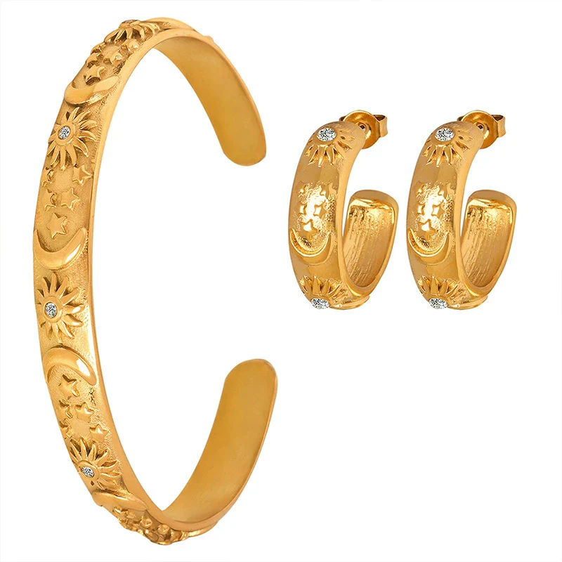 Wholesale Women's Personality Bracelet And Earrings Set Made Of Titanium Steel And Zircon With Electroplating And Embossed Design - Image 4