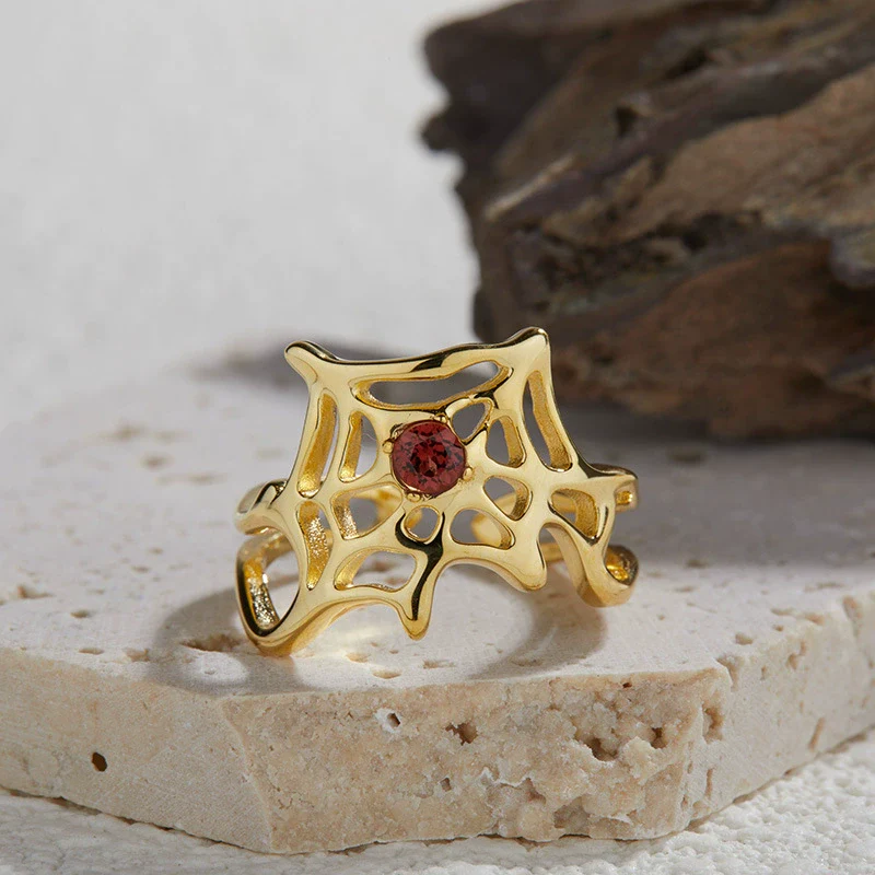 Wholesale Women's Personality Exaggerated Spider Web 925 Sterling Silver Natural Garnet Sapphire Color Treasure Ring Set With Precious Stones - Image 10