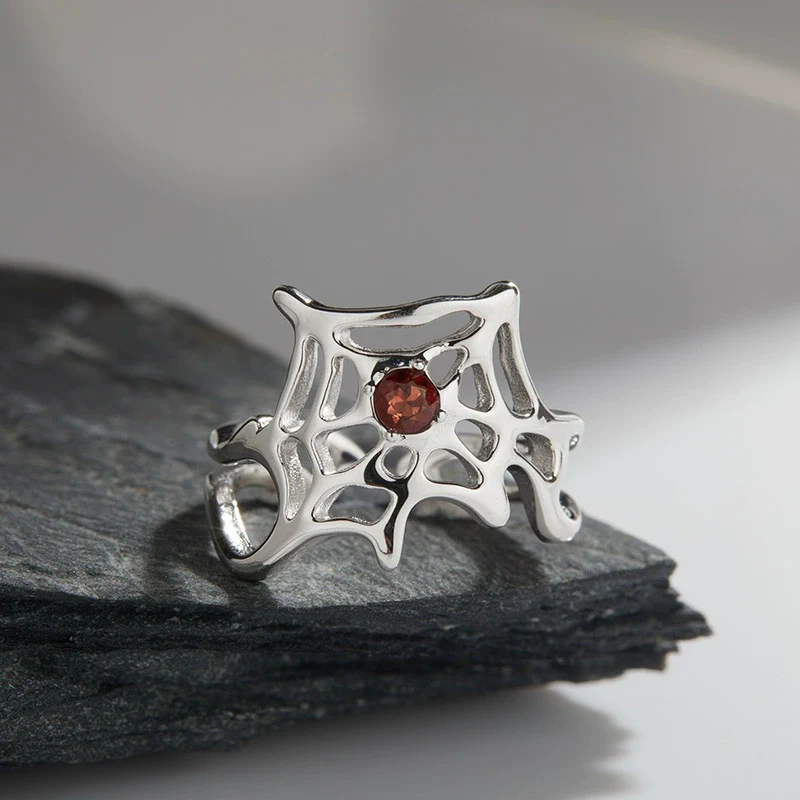 Wholesale Women's Personality Exaggerated Spider Web 925 Sterling Silver Natural Garnet Sapphire Color Treasure Ring Set With Precious Stones - Image 7