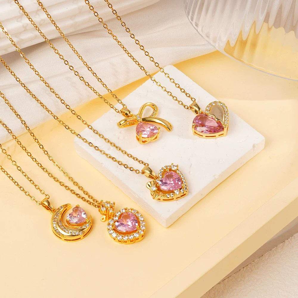 Wholesale Women's Pink Love Sweet Copper Zircon Heart Pendant Necklace With Electroplating And O Word Chain In Light Luxury Style - Image 4