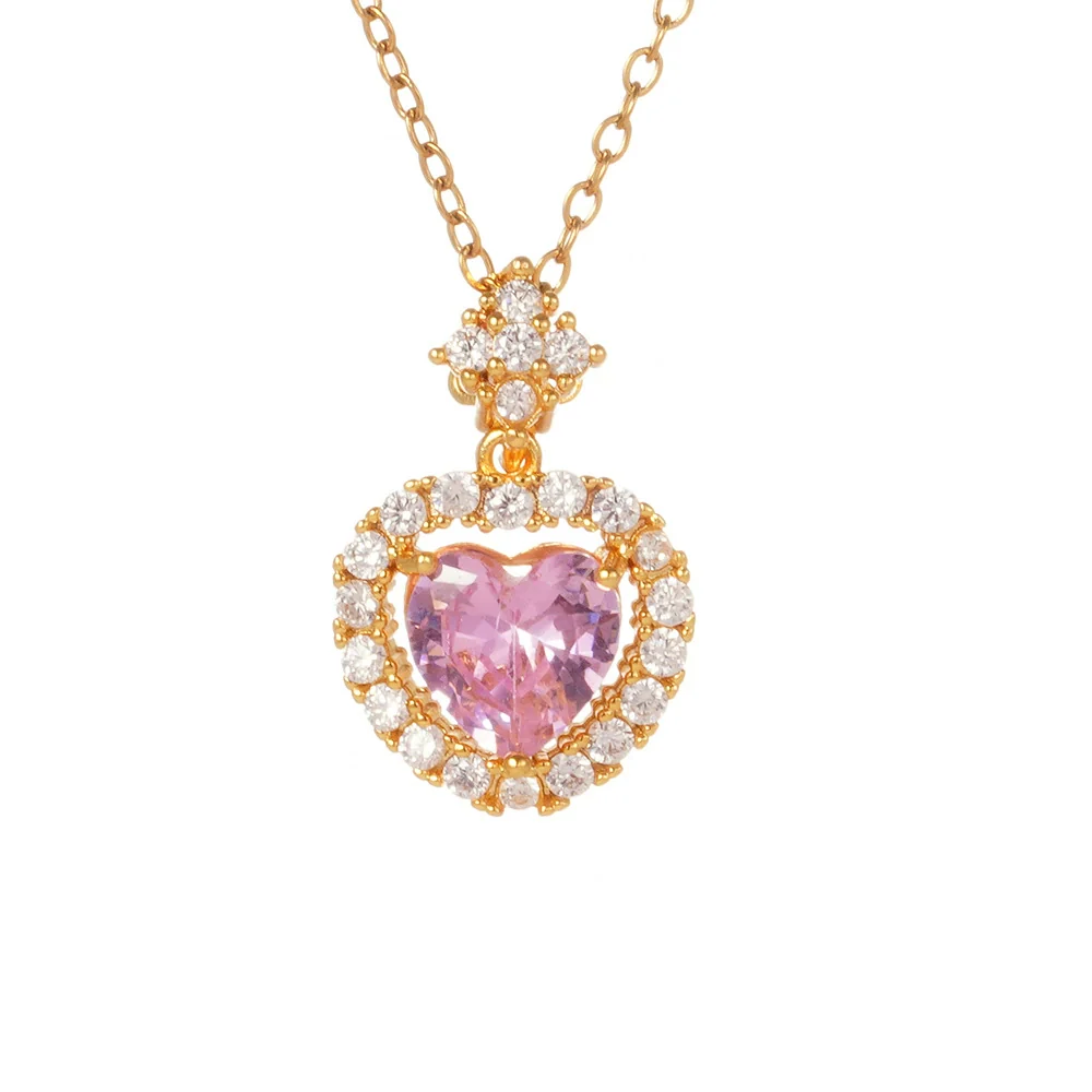 Wholesale Women's Pink Love Sweet Copper Zircon Heart Pendant Necklace With Electroplating And O Word Chain In Light Luxury Style - Image 5
