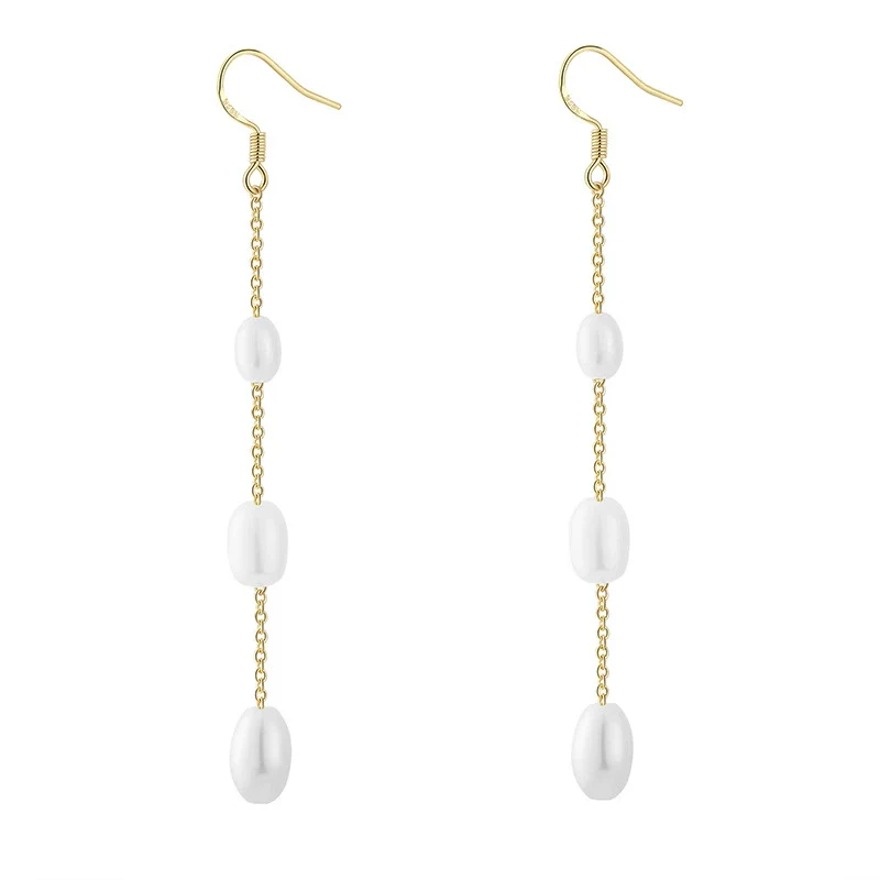 Wholesale Women's Plated Brass Fresh Water Pearl Drop Earrings With Geometric Pattern And Tassel Style - Image 5