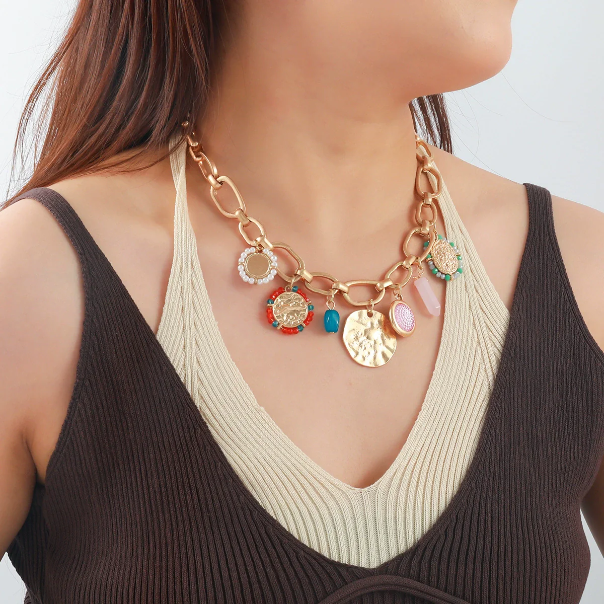 Wholesale Women's Punk Hiphop Style Multilayer Resin Necklace With Geometric Pendant Alloy Rice Beads Zinc Alloy Electroplating