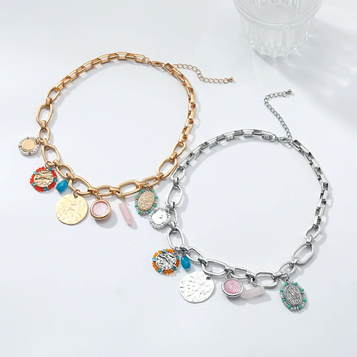 Wholesale Women's Punk Hiphop Style Multilayer Resin Necklace With Geometric Pendant Alloy Rice Beads Zinc Alloy Electroplating - Image 4
