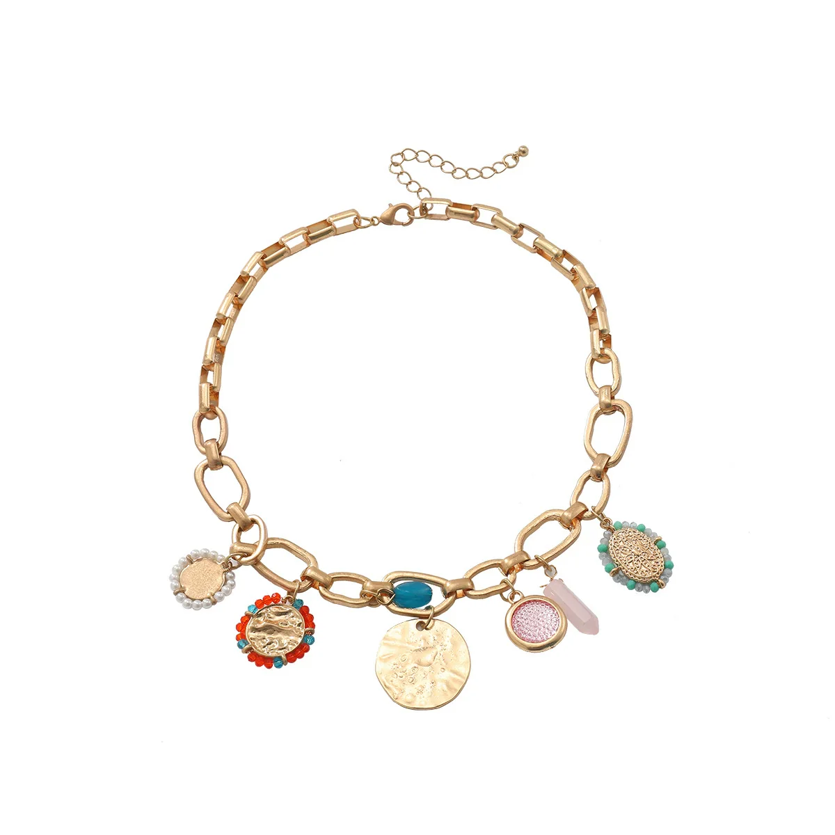 Wholesale Women's Punk Hiphop Style Multilayer Resin Necklace With Geometric Pendant Alloy Rice Beads Zinc Alloy Electroplating - Image 5