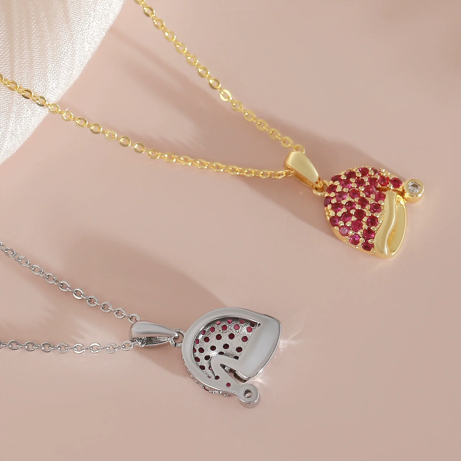 Wholesale Women's Red Zircon Inlaid Copper Goldplated Christmas Hat Pendant Necklace With O Word Chain - Image 2