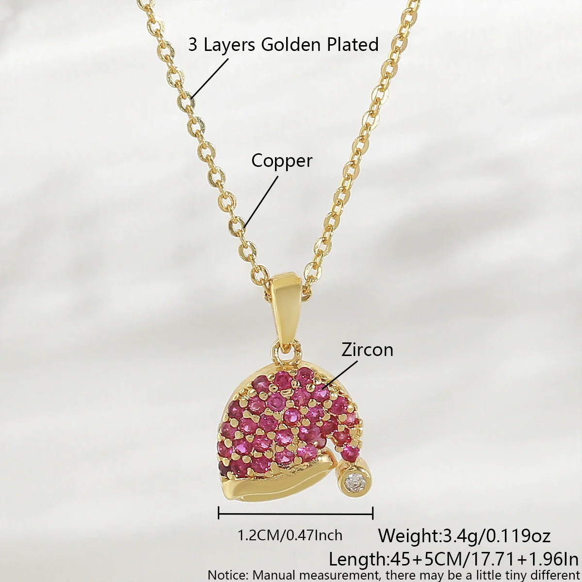 Wholesale Women's Red Zircon Inlaid Copper Goldplated Christmas Hat Pendant Necklace With O Word Chain - Image 7