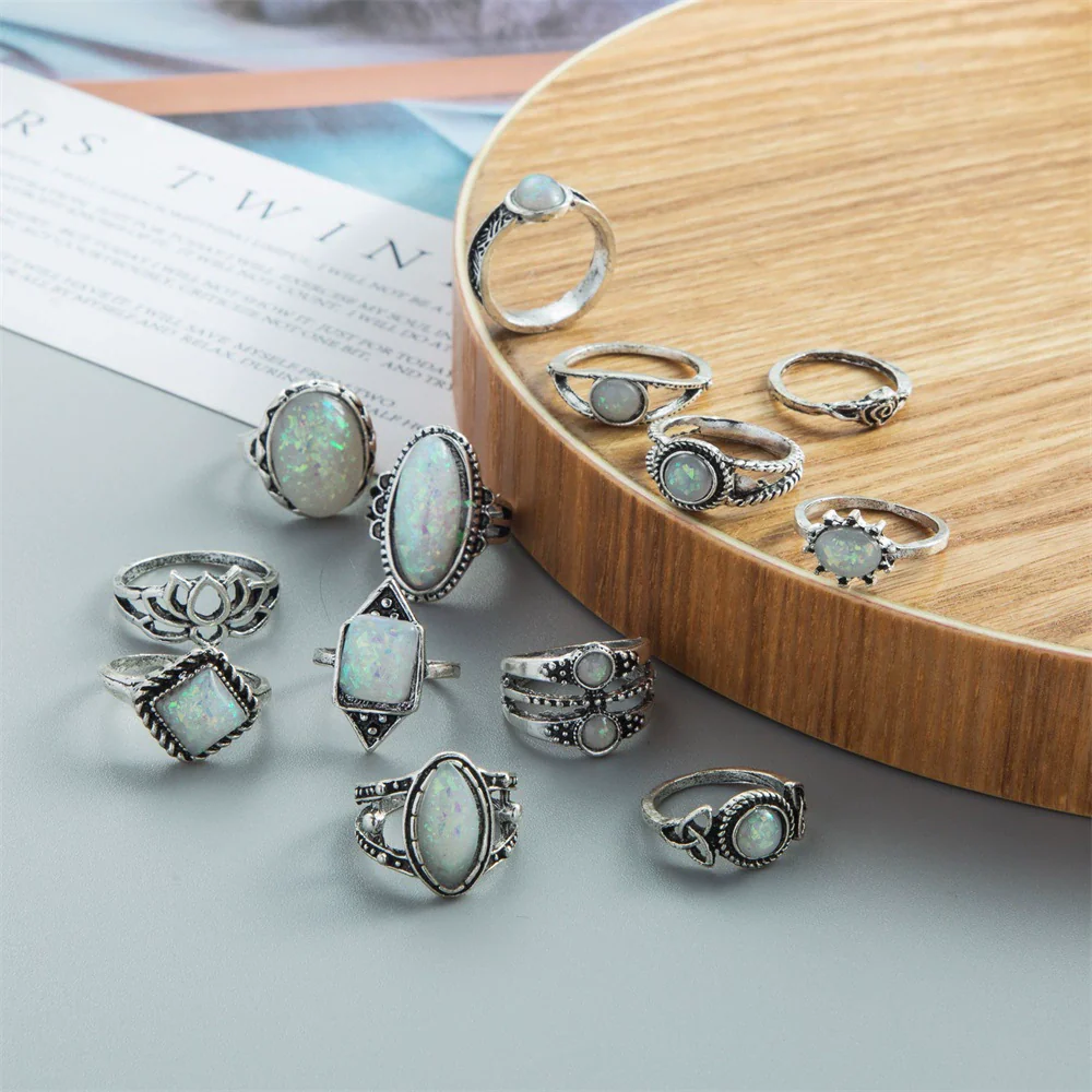 Wholesale Women's Retro Alloy Geometric Drop Shape Electroplated Ring Set - Image 3