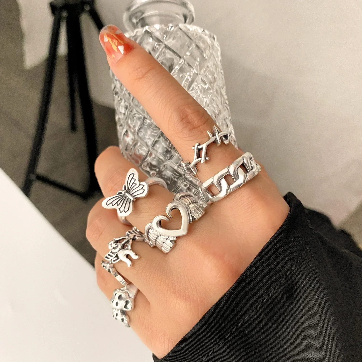 Wholesale Women's Retro Alloy Geometric Love Butterfly Ring Jewelry Set With Electroplating