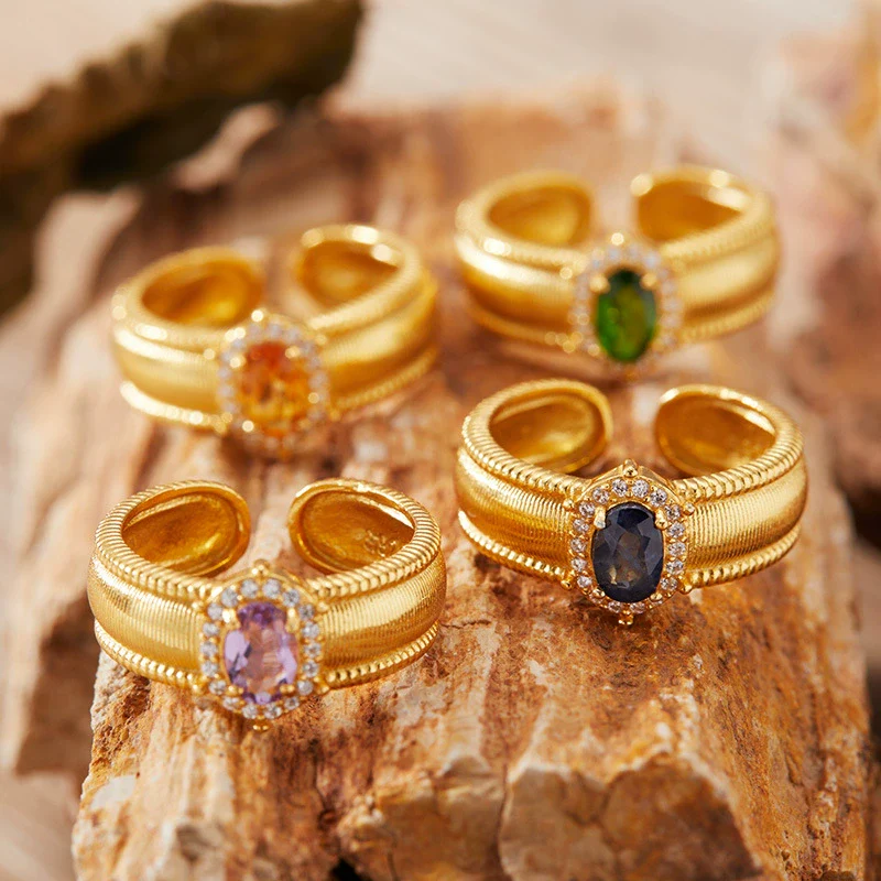 Wholesale Women's Retro Fashion Geometric S925 Sterling Silver Ring Set With Natural Garnet Sapphire Gemstones