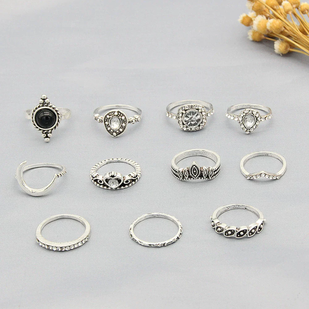 Wholesale Women's Retro Geometric Ring Set Alloy Inlaid With Artificial Gemstones And Semiprecious Stones In Crown And Moon Patterns With Electroplating Treatment - Image 3