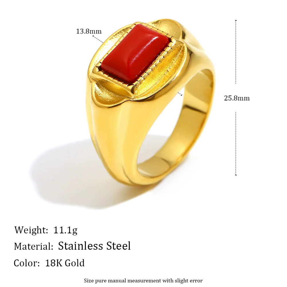 Wholesale Women's Retro Geometric Stainless Steel 18K Gold Plated Red Stone Ring Light Luxury Style - Image 2
