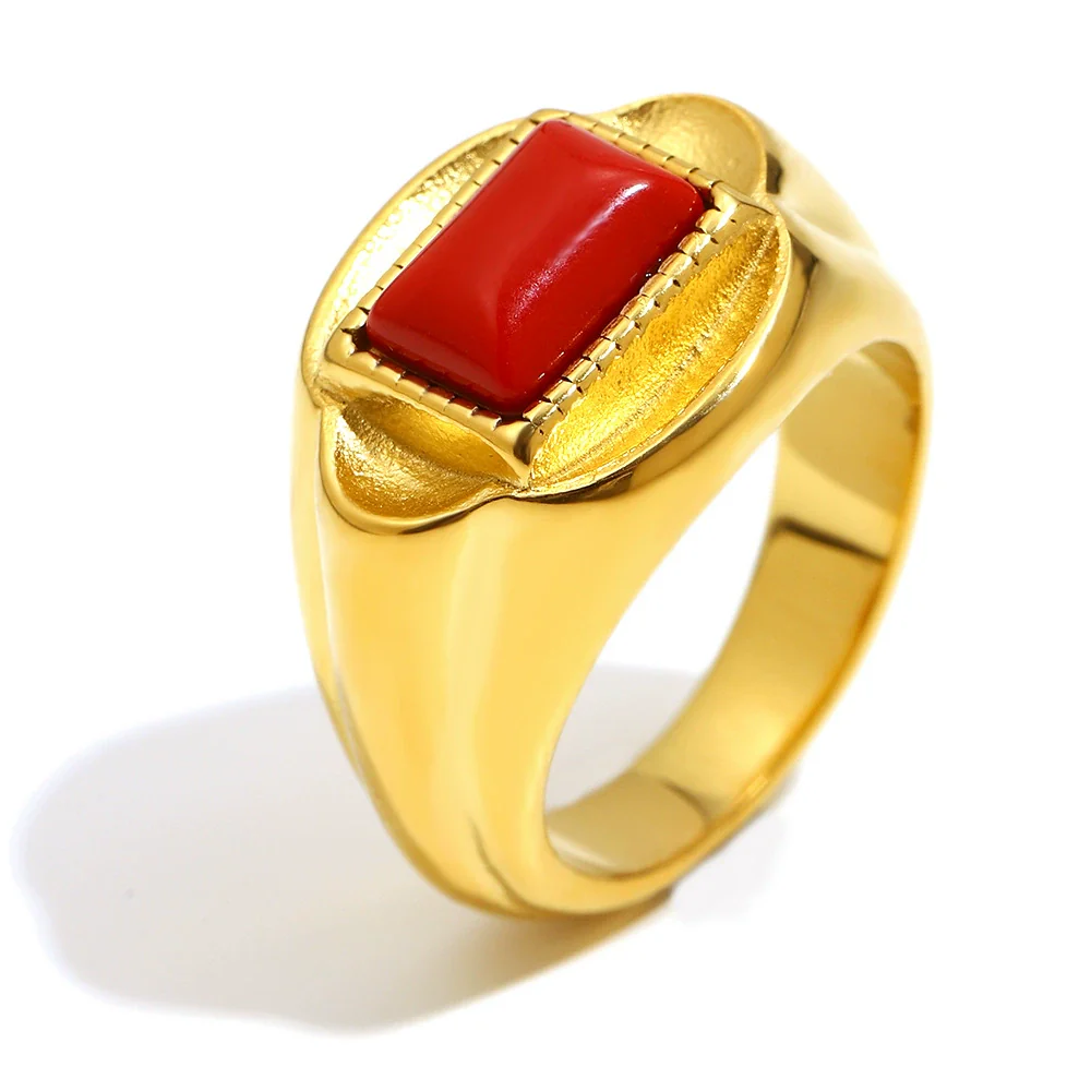 Wholesale Women's Retro Geometric Stainless Steel 18K Gold Plated Red Stone Ring Light Luxury Style - Image 6