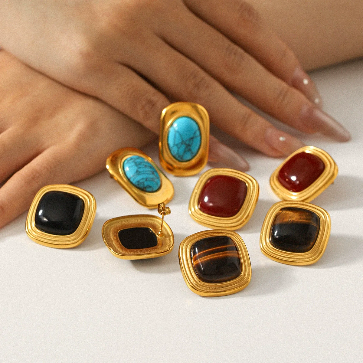Wholesale Women's Retro Geometric Stainless Steel Electroplated Tiger Eye Stone Turquoise Earrings