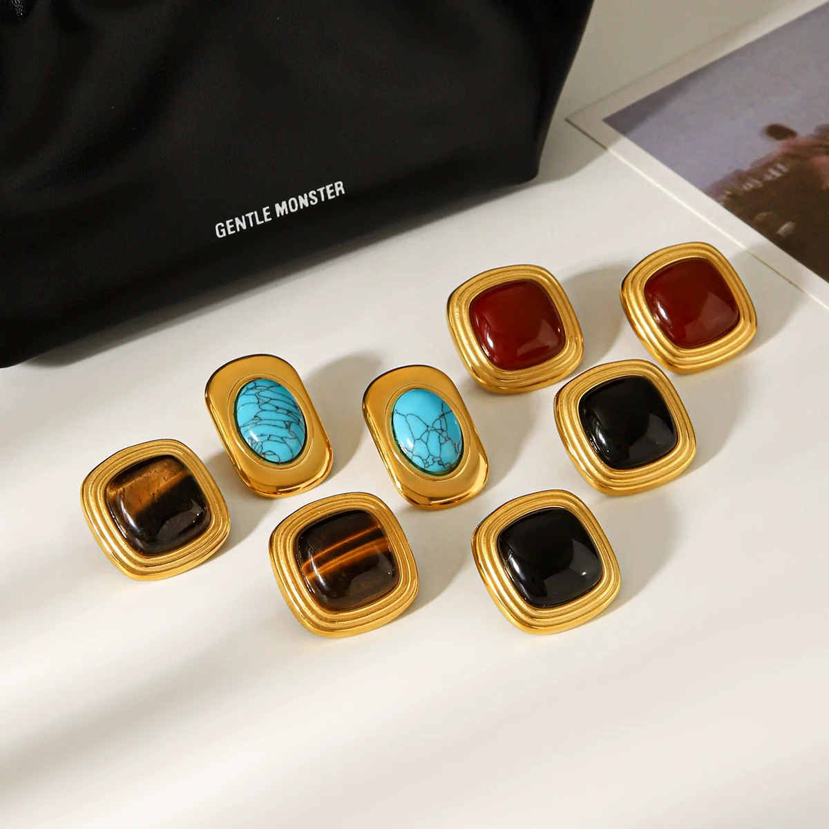 Wholesale Women's Retro Geometric Stainless Steel Electroplated Tiger Eye Stone Turquoise Earrings - Image 4