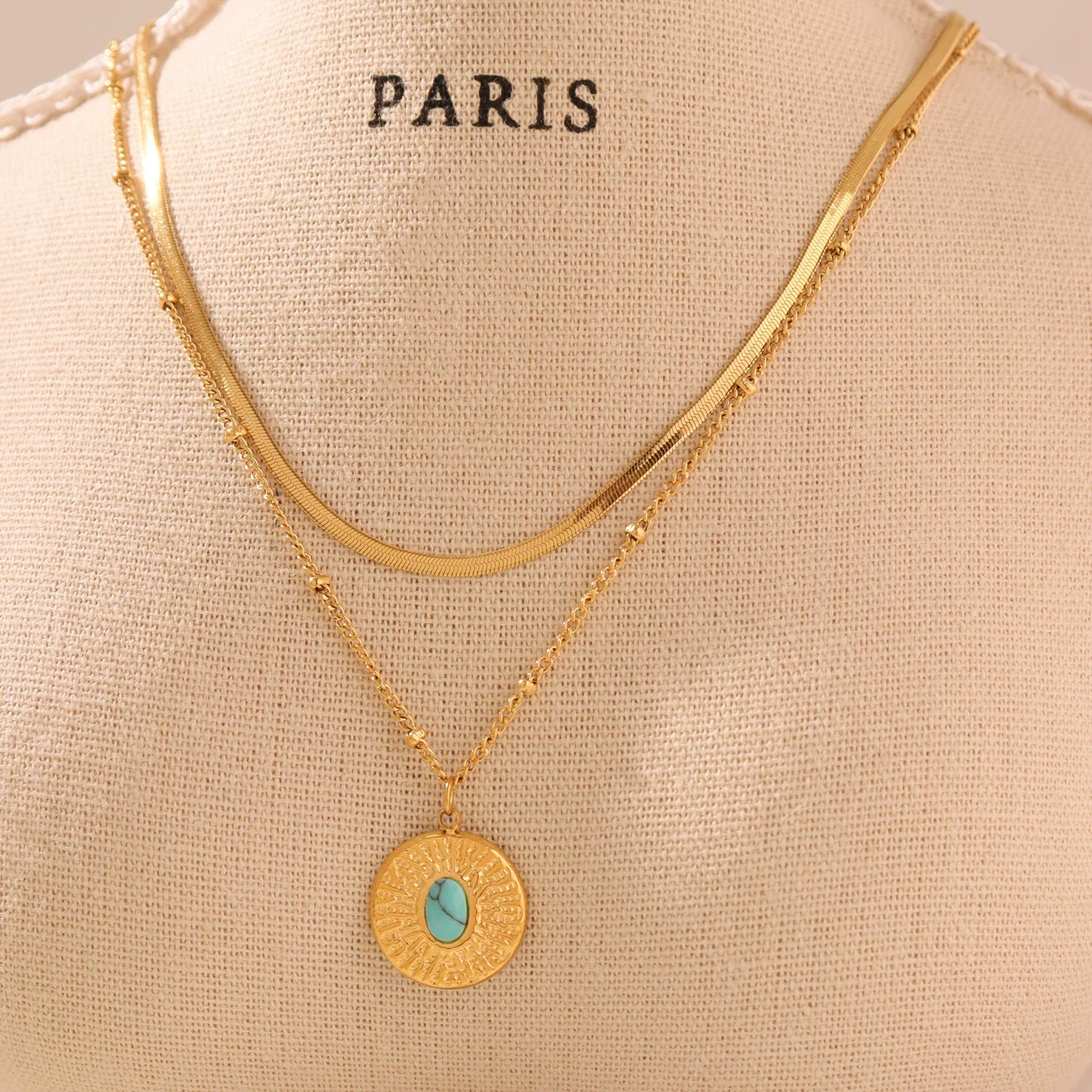 Wholesale Women's Retro Geometric Turquoise Ferris Wheel Pendant Necklace In Stainless Steel And Titanium Steel With Electroplating - Image 2