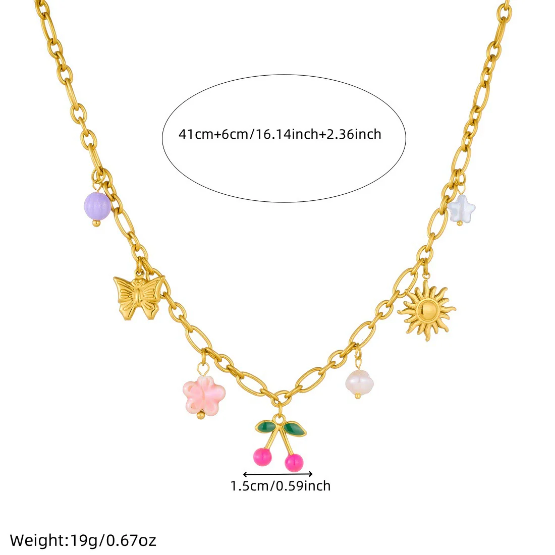 Wholesale Women's Retro Goldplated Stainless Steel Fruitshaped Sun Butterfly Pendant Necklace With O Word Chain - Image 4
