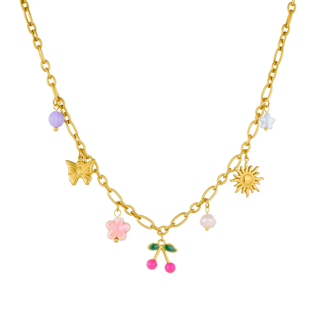 Wholesale Women's Retro Goldplated Stainless Steel Fruitshaped Sun Butterfly Pendant Necklace With O Word Chain - Image 5