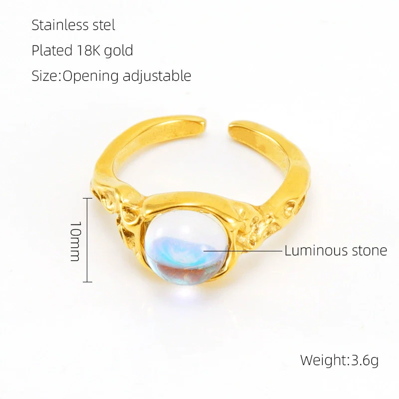 Wholesale Women's Retro Hip Hop 316L Stainless Steel Moonstone Ring With Irregular Geometric Line And Heart Pattern Microinlay - Image 12
