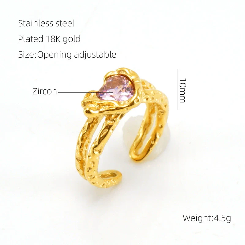 Wholesale Women's Retro Hip Hop 316L Stainless Steel Moonstone Ring With Irregular Geometric Line And Heart Pattern Microinlay - Image 14