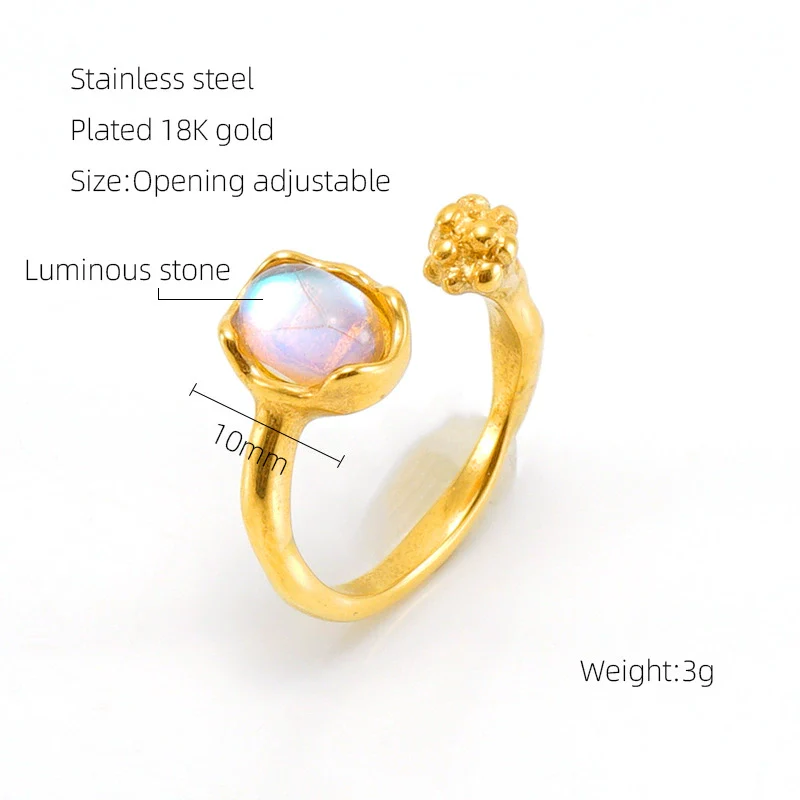 Wholesale Women's Retro Hip Hop 316L Stainless Steel Moonstone Ring With Irregular Geometric Line And Heart Pattern Microinlay - Image 18