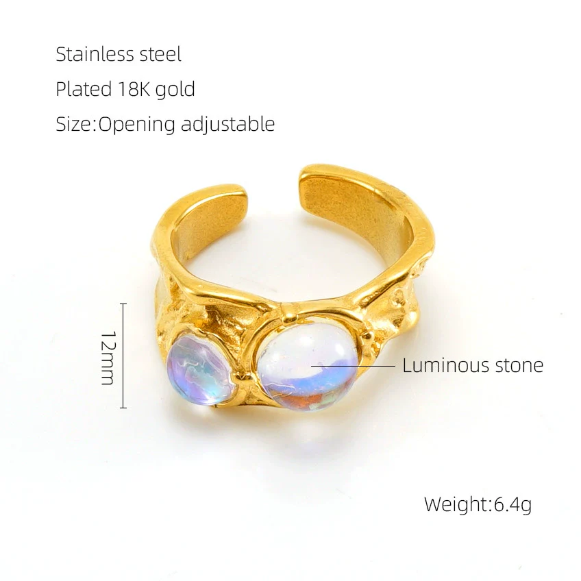 Wholesale Women's Retro Hip Hop 316L Stainless Steel Moonstone Ring With Irregular Geometric Line And Heart Pattern Microinlay - Image 19