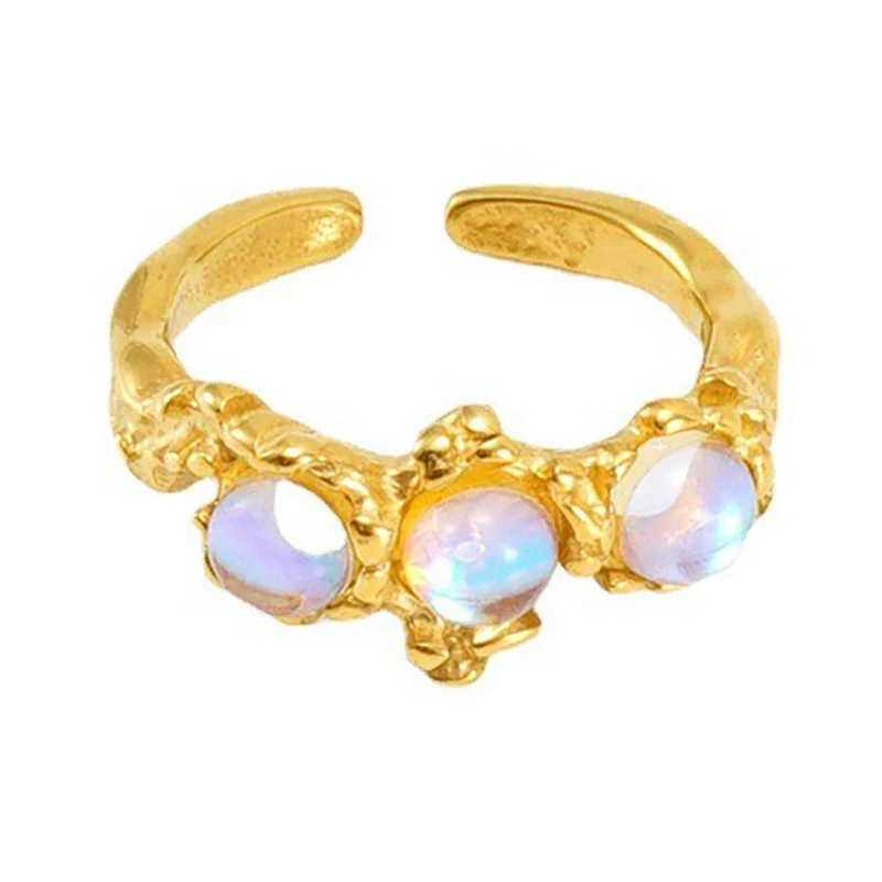 Wholesale Women's Retro Hip Hop 316L Stainless Steel Moonstone Ring With Irregular Geometric Line And Heart Pattern Microinlay - Image 5