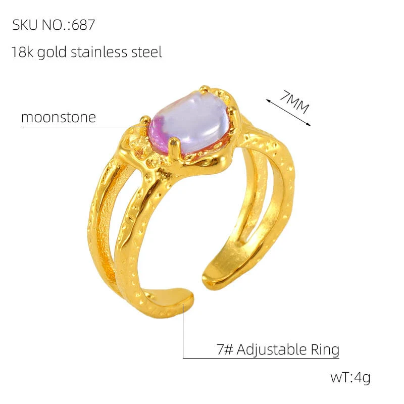 Wholesale Women's Retro Hip Hop 316L Stainless Steel Moonstone Ring With Irregular Geometric Line And Heart Pattern Microinlay - Image 7
