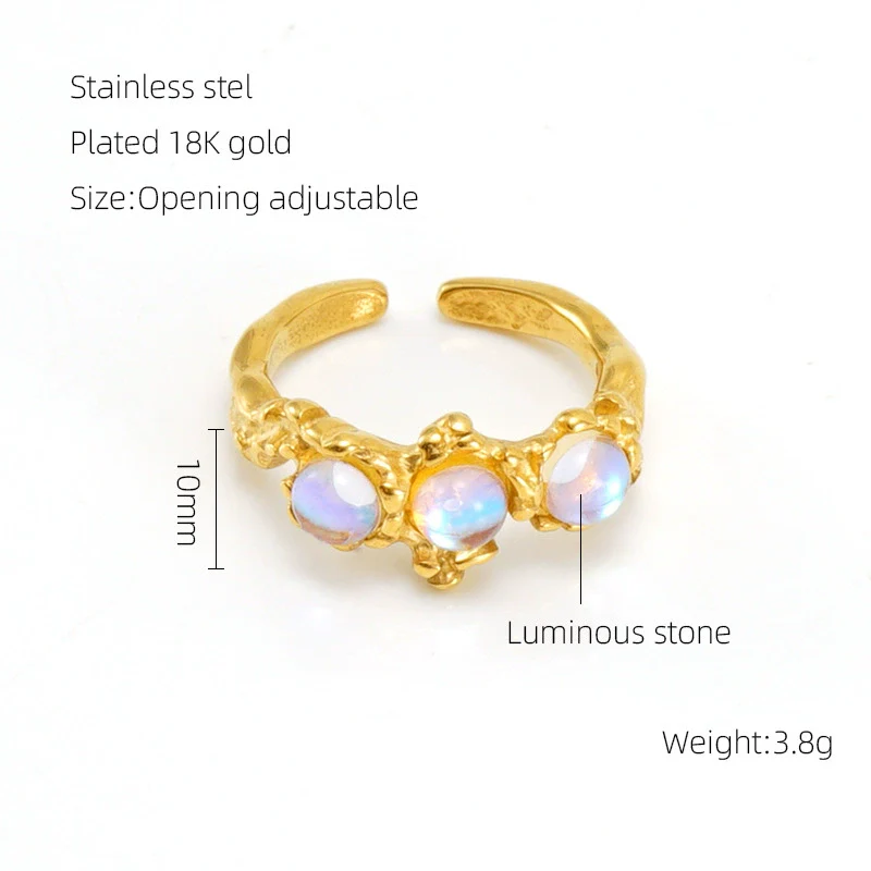 Wholesale Women's Retro Hip Hop 316L Stainless Steel Moonstone Ring With Irregular Geometric Line And Heart Pattern Microinlay - Image 8
