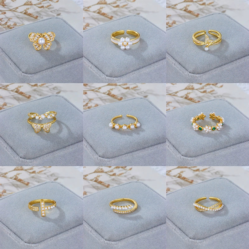 Wholesale Women's Retro Light Luxury Geometric Copper Pearl Butterfly Ring Inlaid With Zircon And Electroplated - Image 4