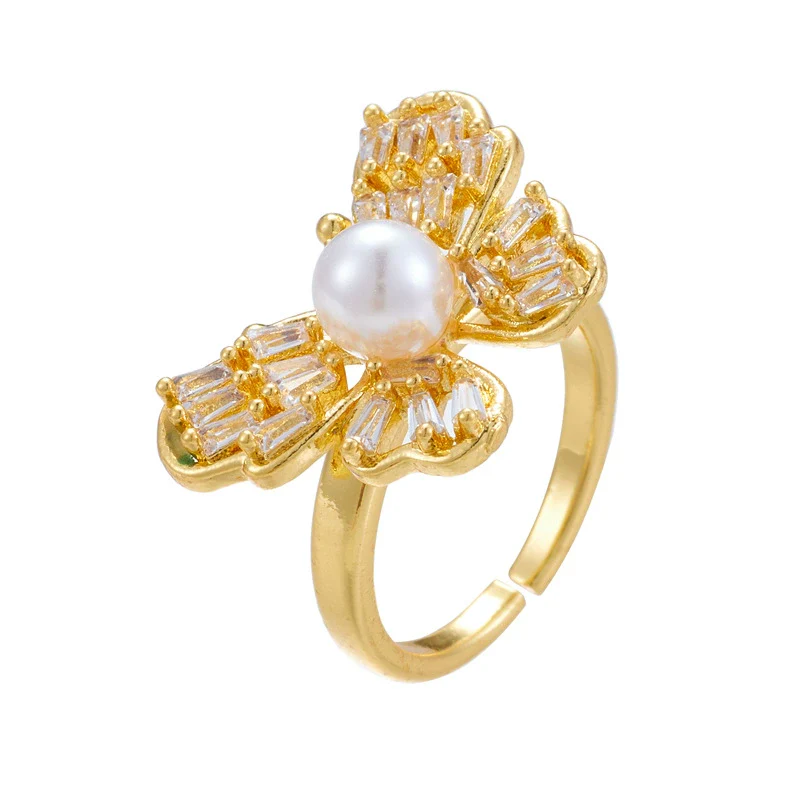 Wholesale Women's Retro Light Luxury Geometric Copper Pearl Butterfly Ring Inlaid With Zircon And Electroplated - Image 7