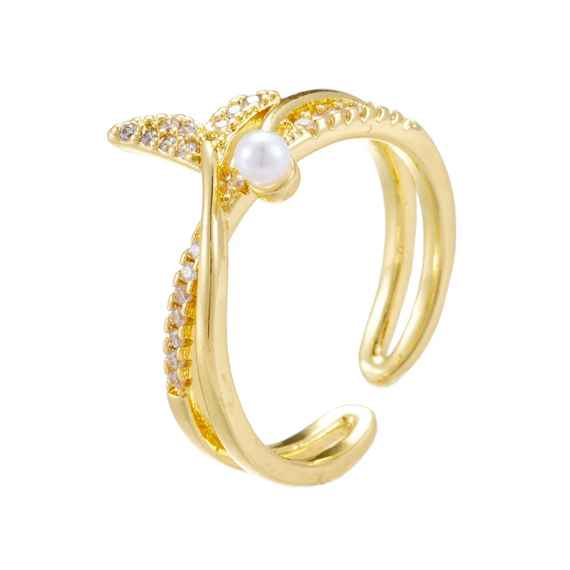Wholesale Women's Retro Light Luxury Geometric Copper Pearl Butterfly Ring Inlaid With Zircon And Electroplated - Image 9