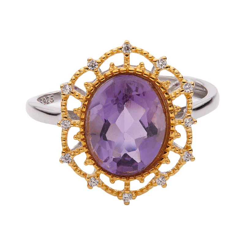 Wholesale Women's Retro Light Luxury Geometric S925 Sterling Silver Ring Inlaid With Natural Amethyst And Set With Gemstones